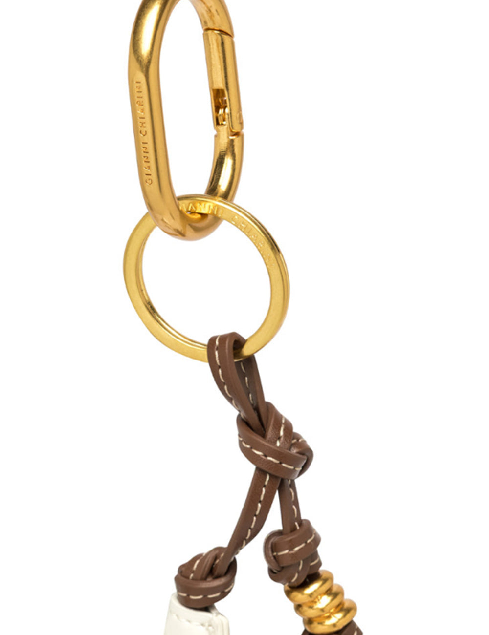 Portachiavi Gianni Chiarini Calla Marble in metallo dorato con corda cuoio marrone e perla oro