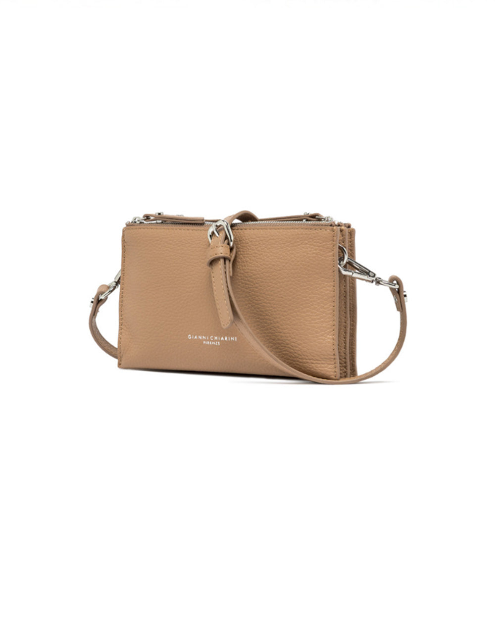 Portafoglio tracolla in pelle color tan con hardware argento e design minimalista Gianni Chiarini Tracolla Lucille Clay