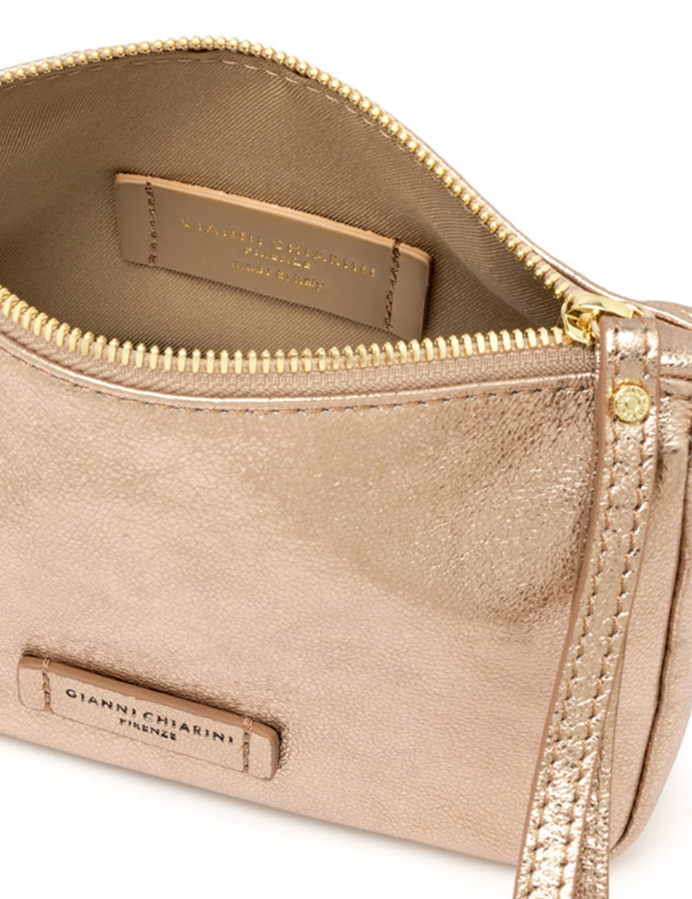 Borsa clutch in pelle metallica rosa oro Gianni Chiarini Nora Pouch Small Mirage con zip