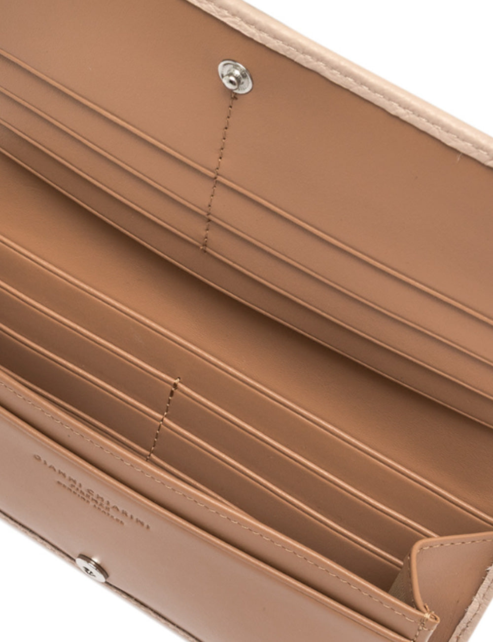 Portafoglio lungo in pelle rosa sale Bubble Gianni Chiarini con bottoni a scatto argento e cuciture precise