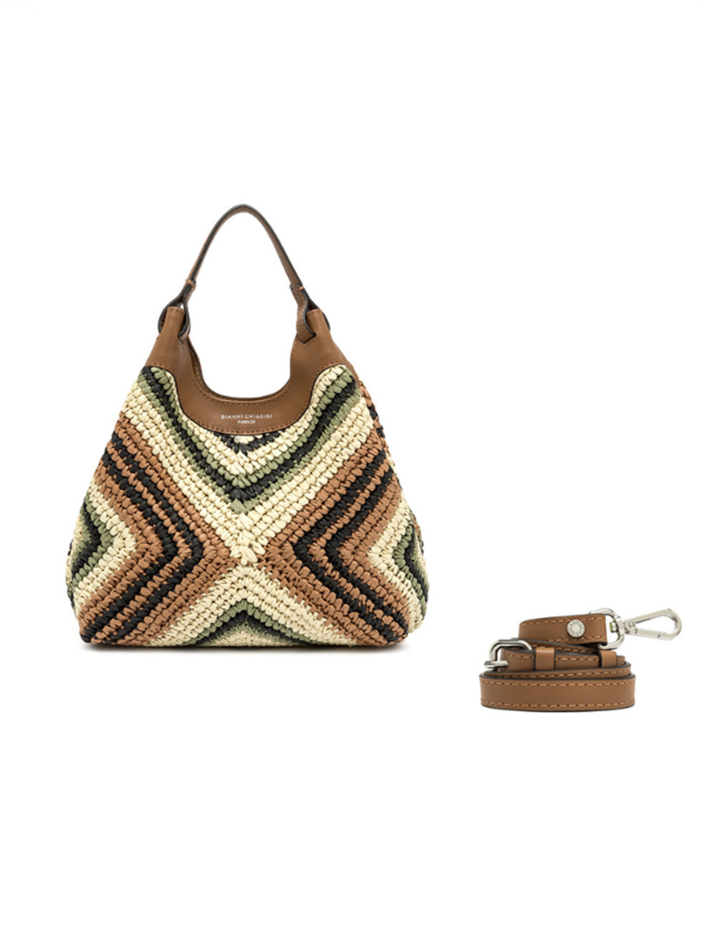 Borsa intrecciata marrone e beige Gianni Chiarini Dua Willow con motivo chevron geometrico, manici in pelle e tracolla staccabile