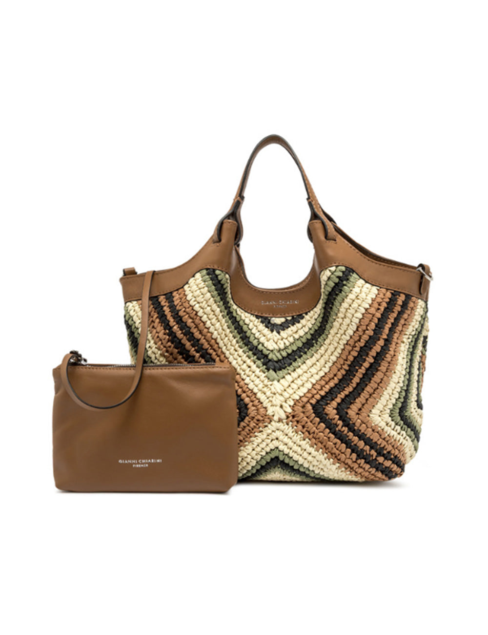 Borsa tote intrecciata Gianni Chiarini Dua Willow in cuoio marrone con zigzag beige, tan e marrone scuro