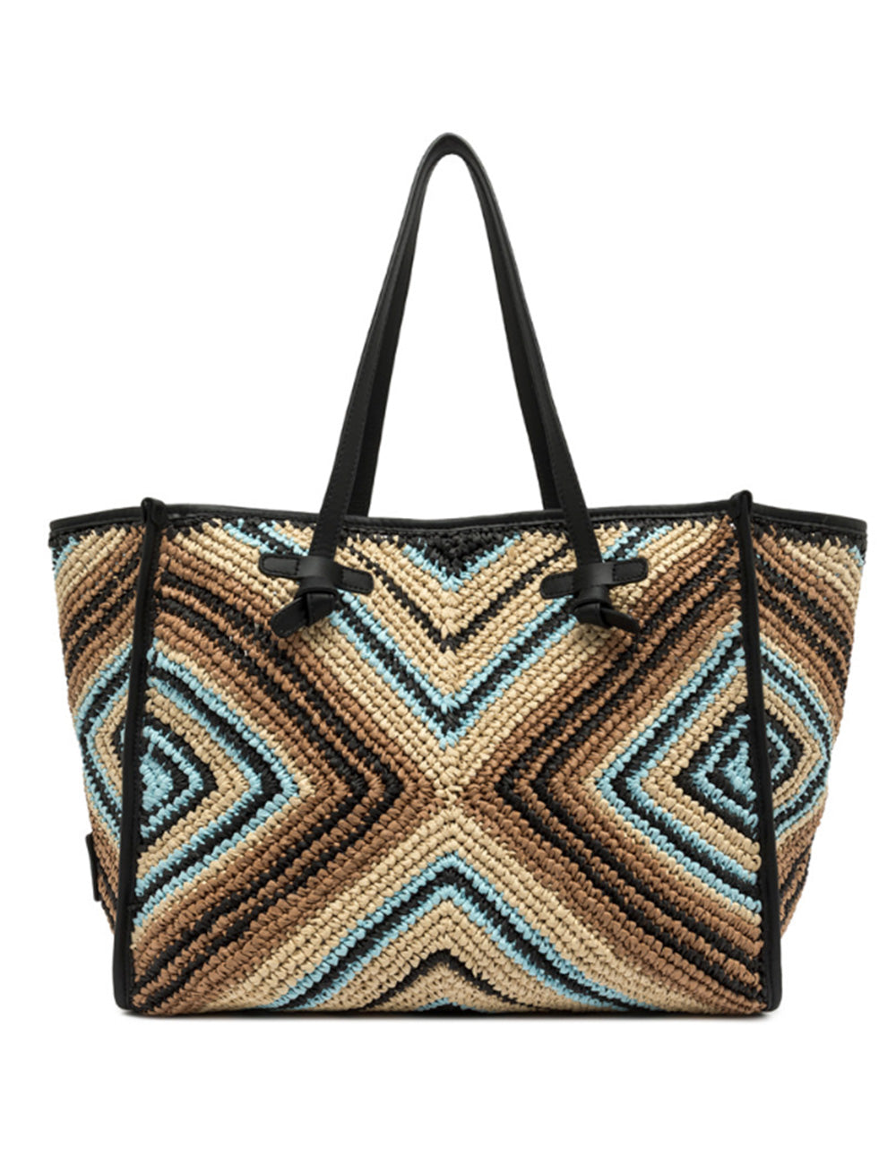 Borsa tote Marcella Nera Gianni Chiarini con pattern zigzag geometrico in beige, marrone e azzurro chiaro, manici e rifiniture in pelle nera