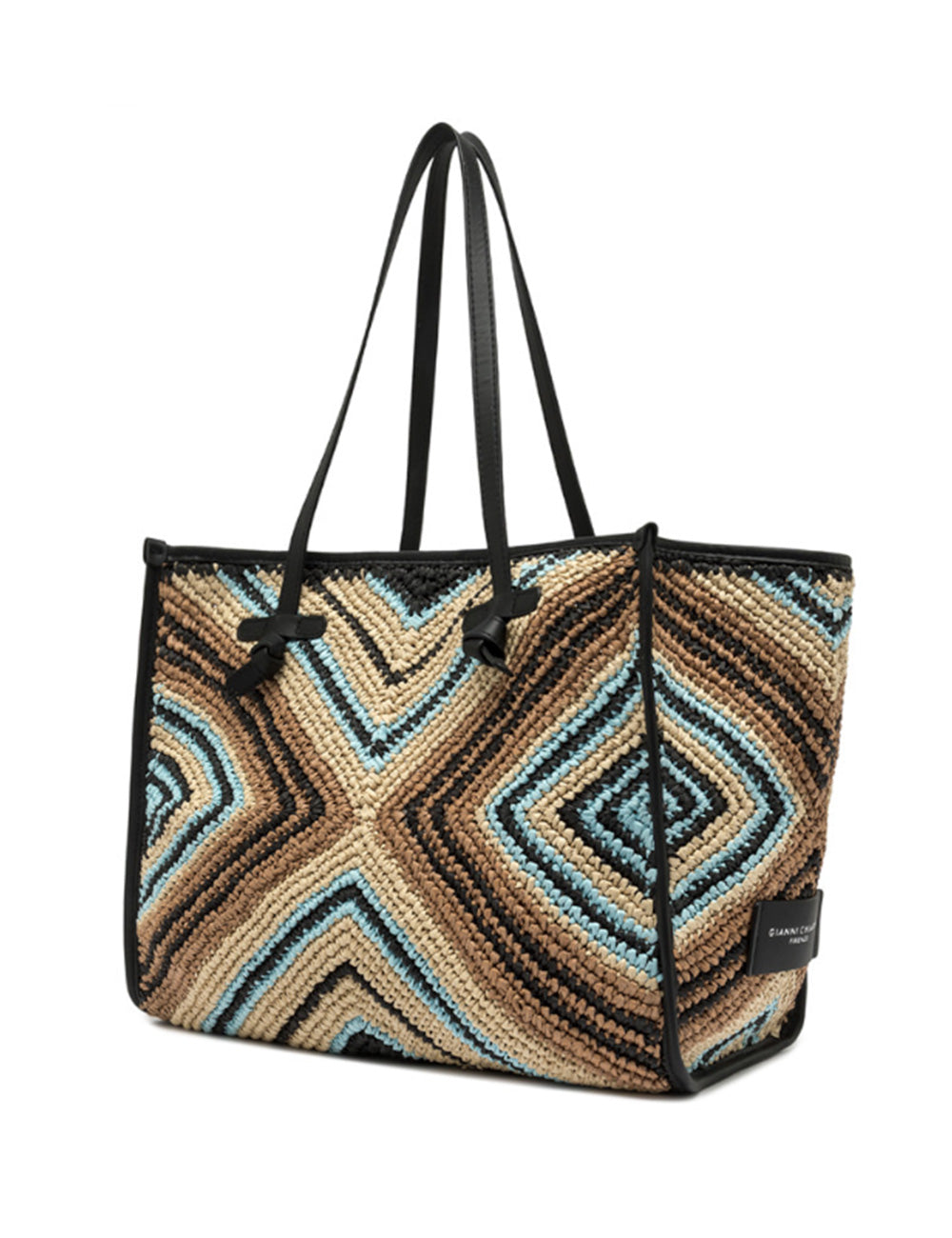 Borsa tote Marcella Nera Gianni Chiarini con pattern zigzag geometrico beige, blu e nero, manici in pelle nera