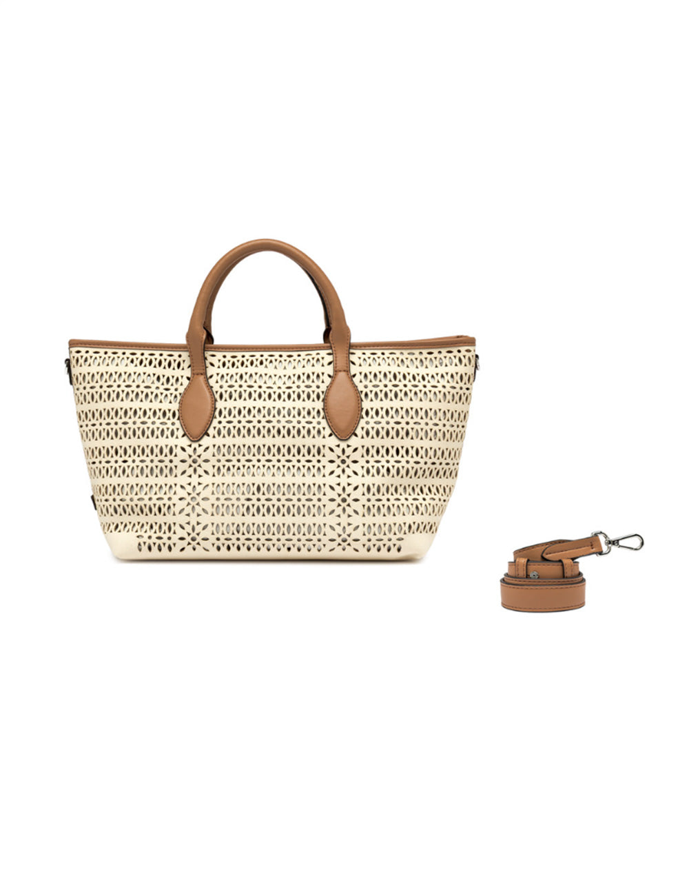 Borsa tote intrecciata beige con manici in pelle marrone e tracolla staccabile Gianni Chiarini Shopping Mashup Panna