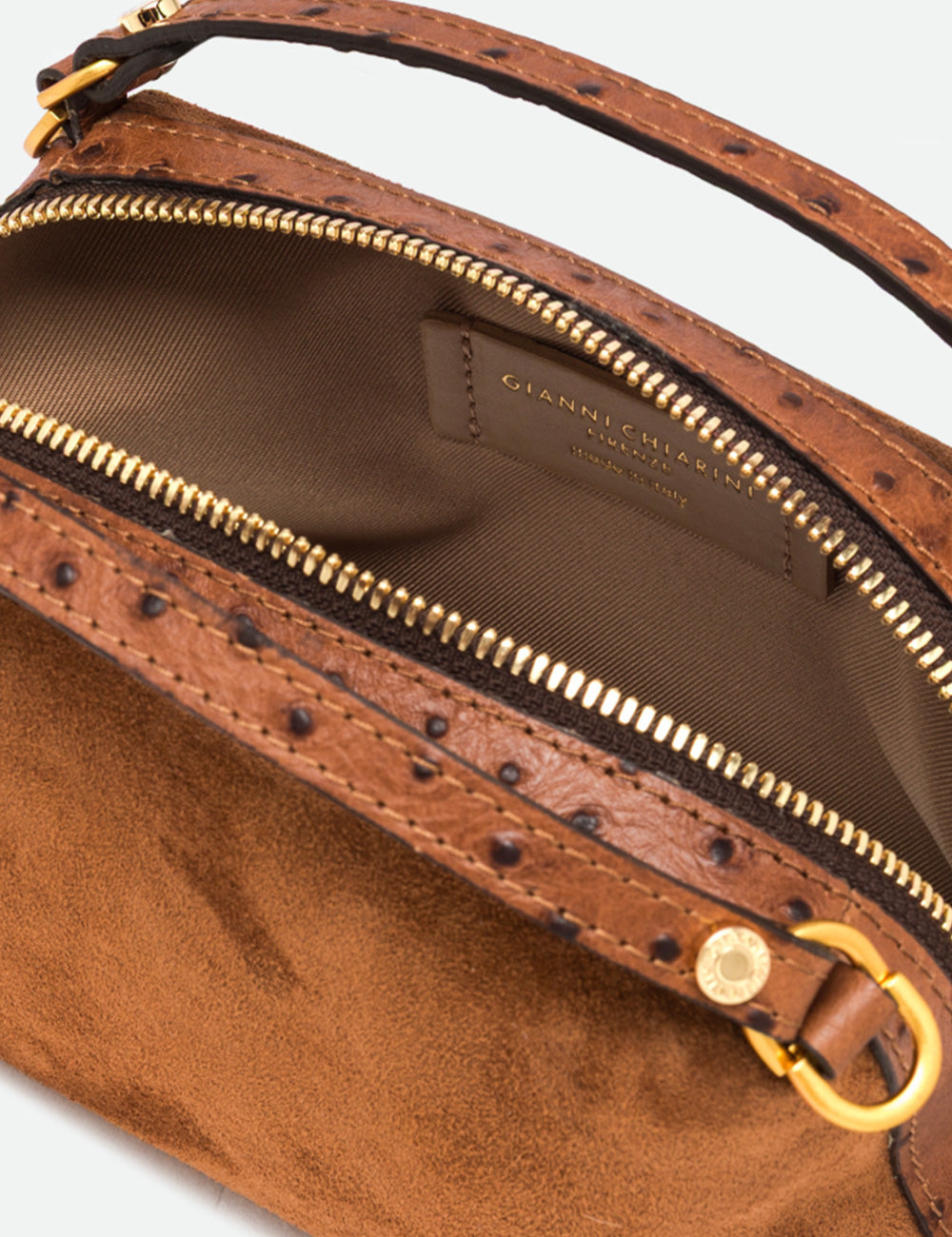 Gianni chiarini alifa mini cognac borsa a tracolla in pelle marrone stampa struzzo con dettagli oro e interno in camoscio