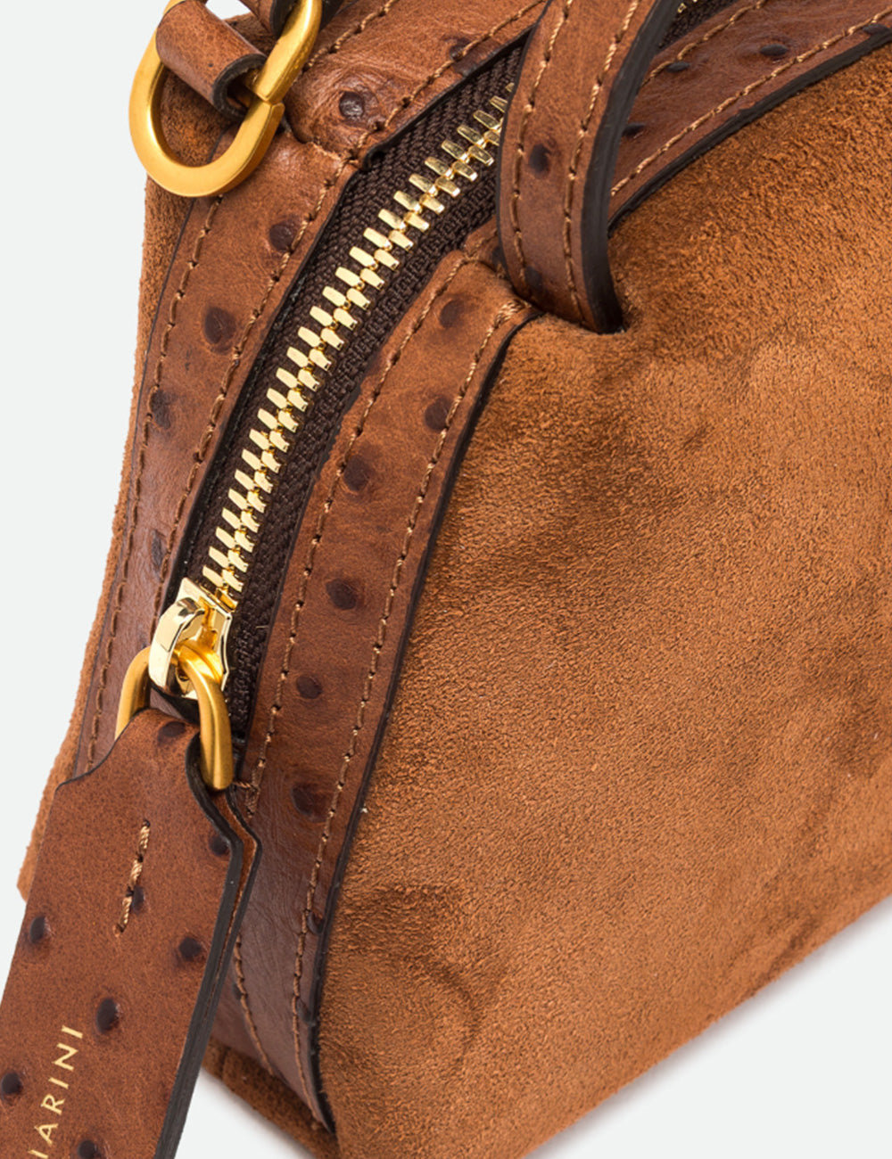 Borsa a tracolla gianni chiarini alifa mini cognac in suede marrone e pelle di struzzo con cerniera dorata