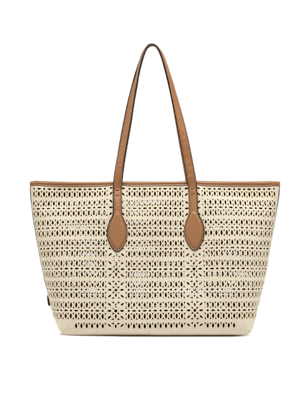 Borsa tote grande Mashup Panna Gianni Chiarini in beige intrecciato con manici in pelle tan e pattern geometrico a intaglio
