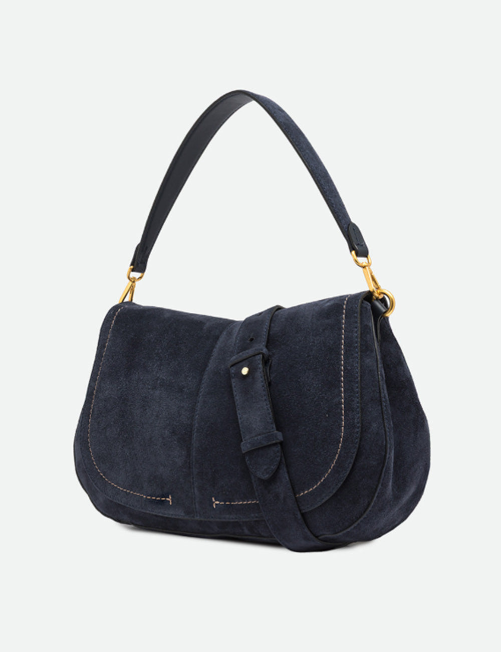 Borsa a tracolla gianni chiarini helena round large notturno in suede blu navy con chiusura a patta e dettagli oro
