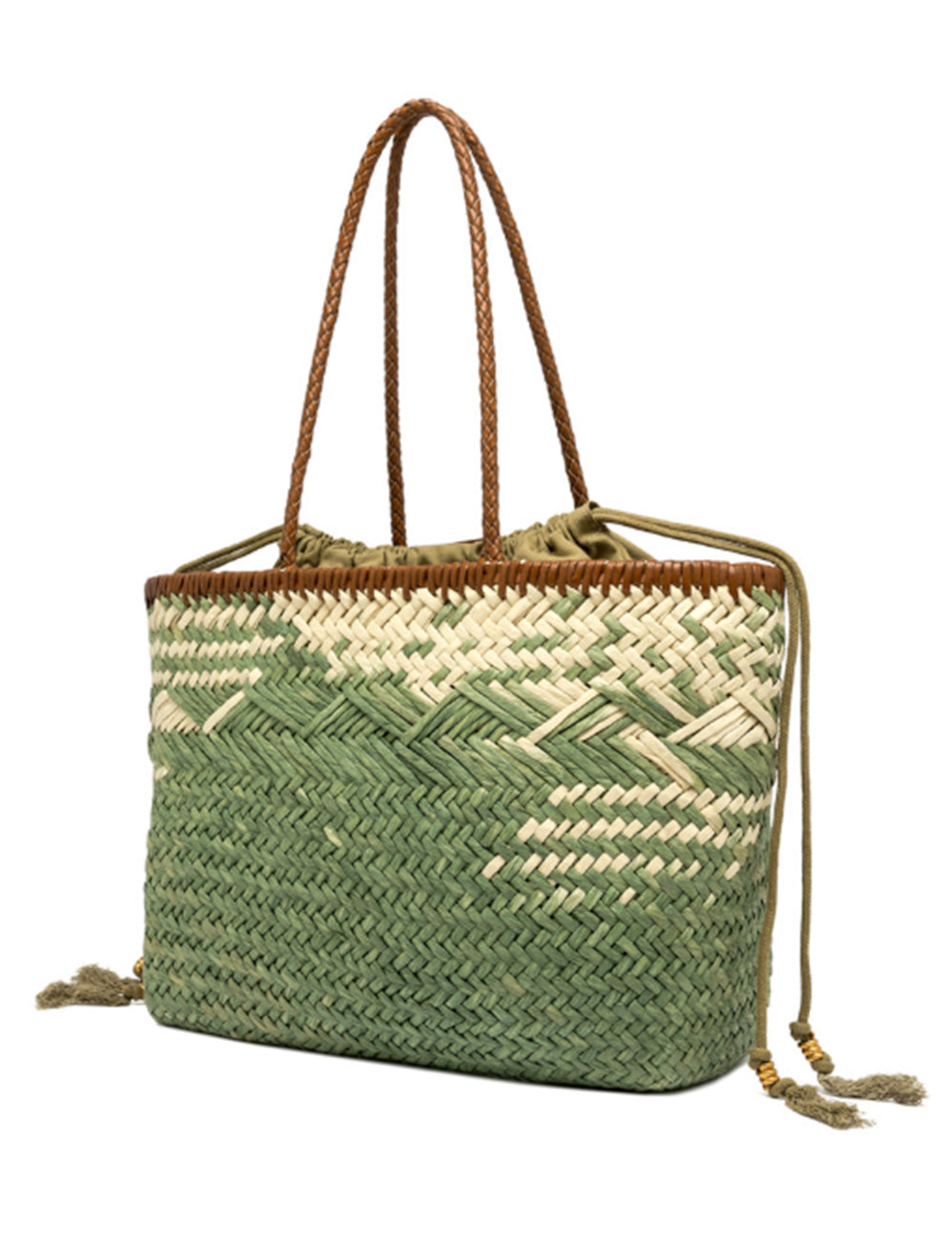 Borsa tote Paloma Large Willow Gianni Chiarini in paglia verde e crema con manici intrecciati marroni e nappe