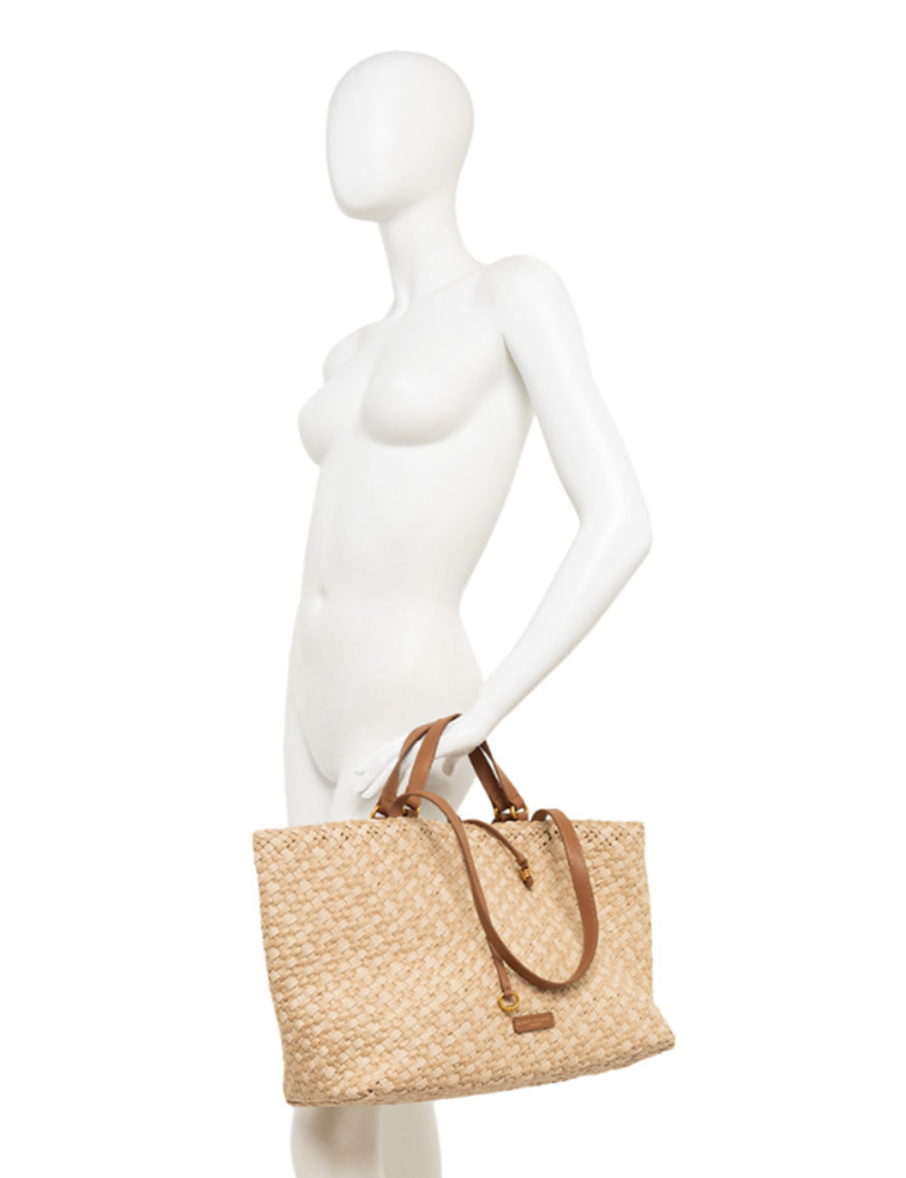 Borsa tote intrecciata in paglia beige con manici in pelle color cuoio e logo metallico Gianni Chiarini Mercy Naturale