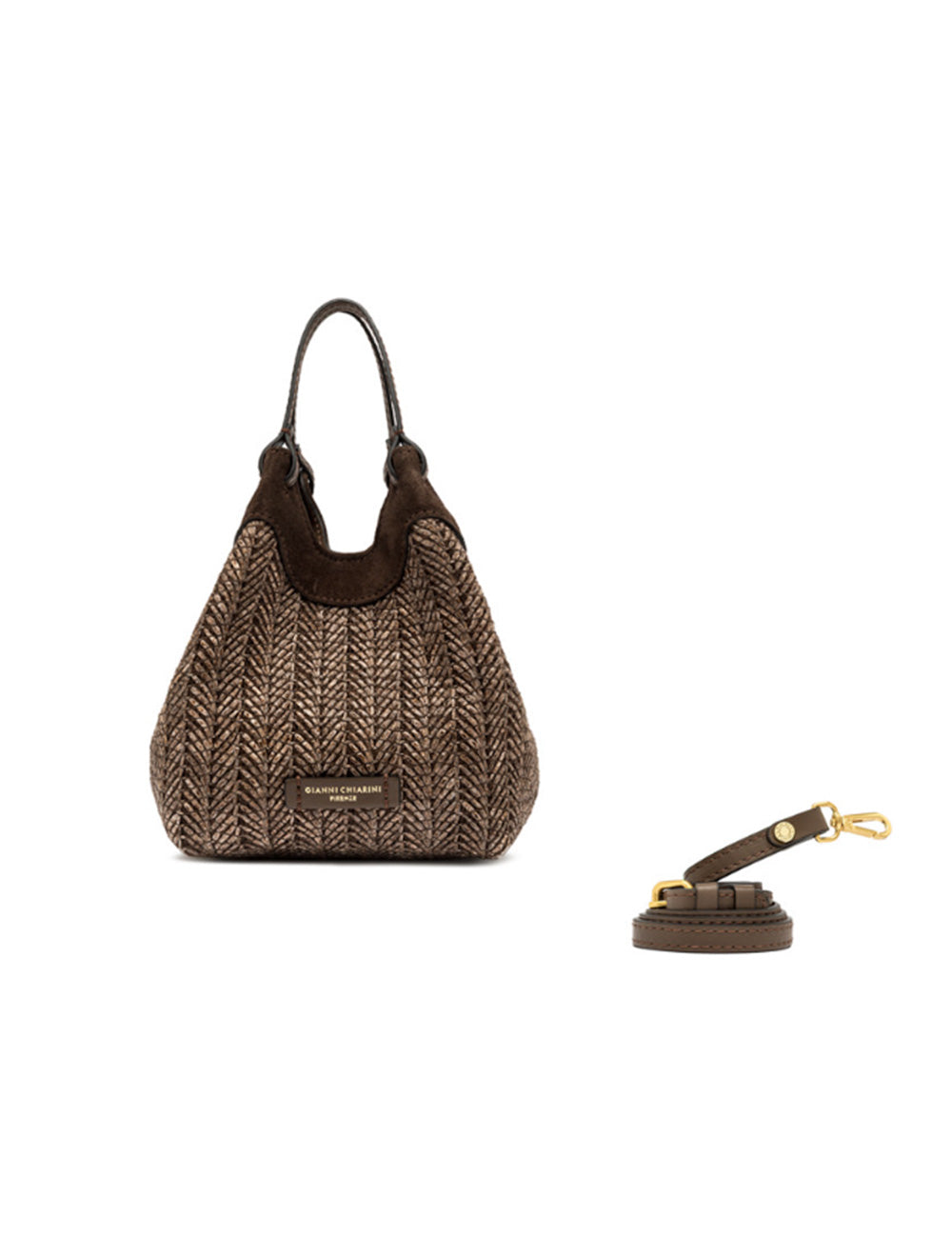Borsa mini Dua Choco Gianni Chiarini in pelle marrone herringbone con rifinitura in suede e tracolla staccabile