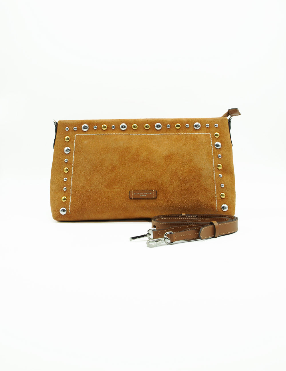 Clutch in suede color caramello Gianni Chiarini Elisa con borchie oro e argento sui bordi
