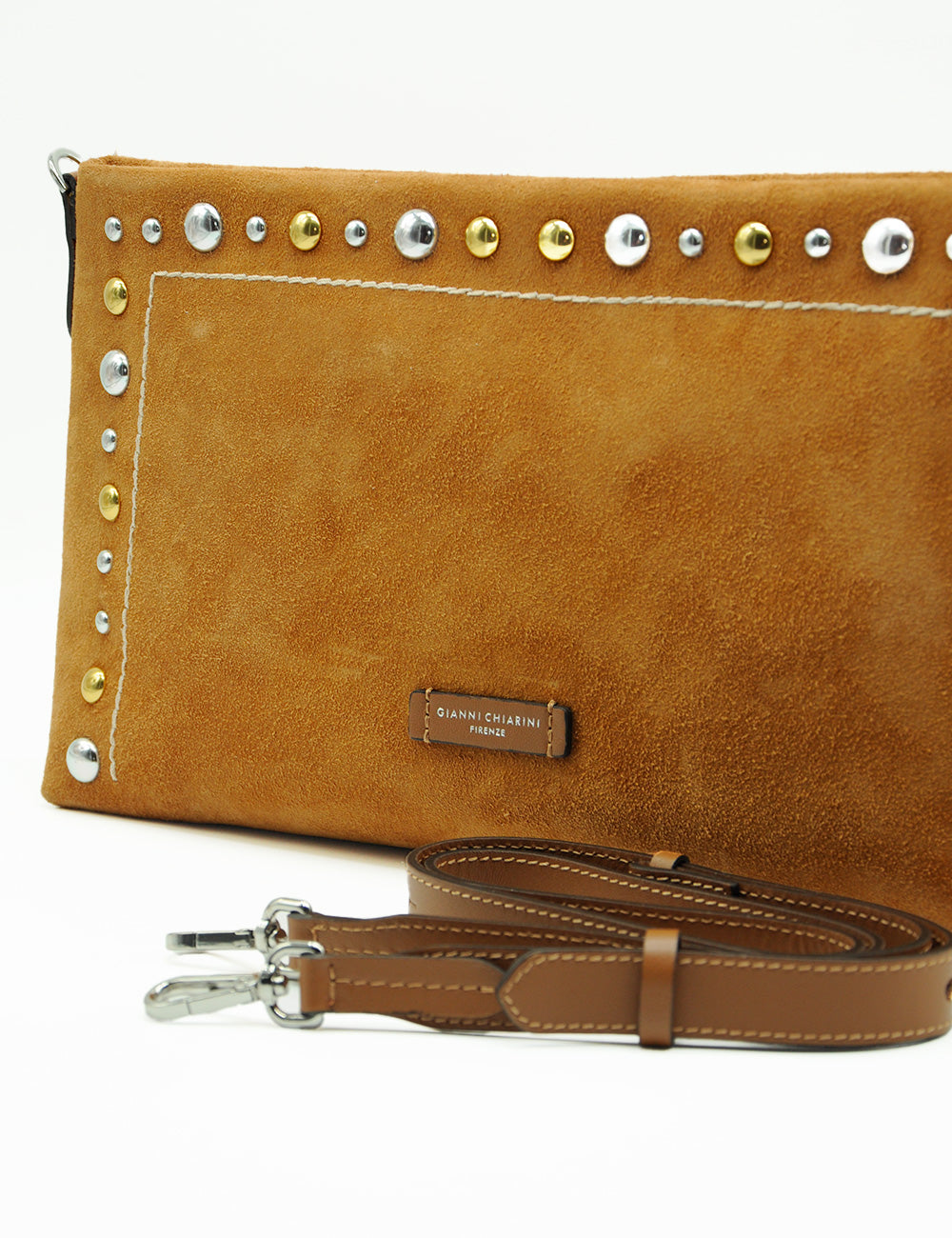 Borsa Elisa Caramel Gianni Chiarini in camoscio color caramello con borchie oro e argento