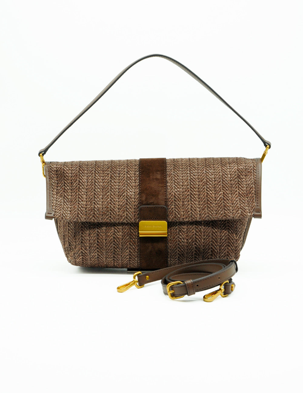Borsa Gianni Chiarini Marigold Choco marrone a herringbone con patta scamosciata e hardware oro