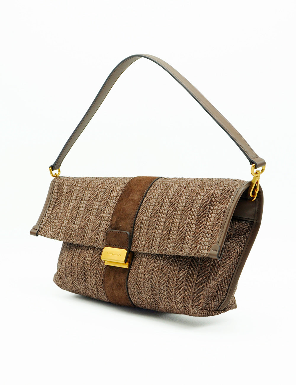 Borsa Gianni Chiarini Marigold Choco marrone a spina di pesce con tracolla scamosciata e hardware oro