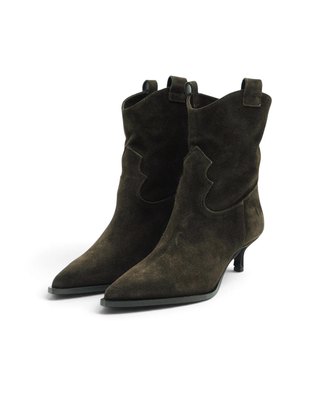 Dark olive suede cowboy boots gardenia stivaletto testa moro with pointed toe and low heel