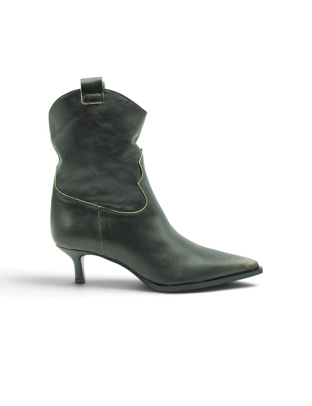 Stivaletto texano gardenia in pelle verde scuro con punta affilata e tacco sottile