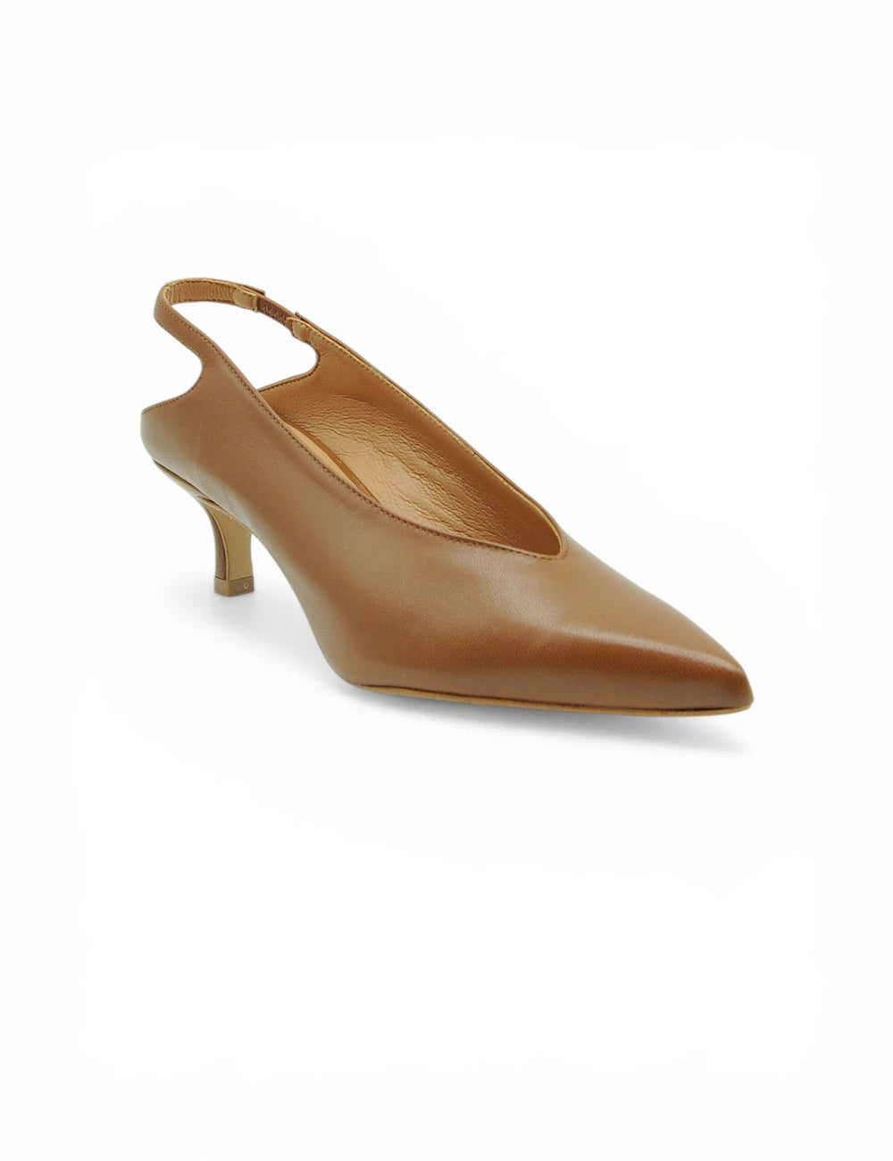 Gardenia décolleté slingback cuoio in pelle marrone chiaro con tacco sottile e punta a punta