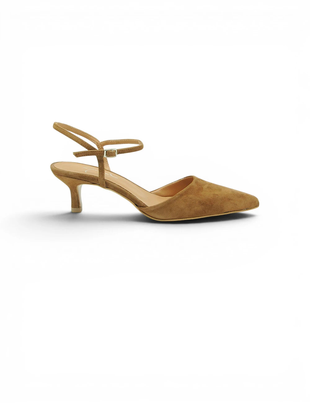 Gardenia décolleté slingback cuba in pelle scamosciata tan con tacco e cinturino delicato alla caviglia con fibbia metallica