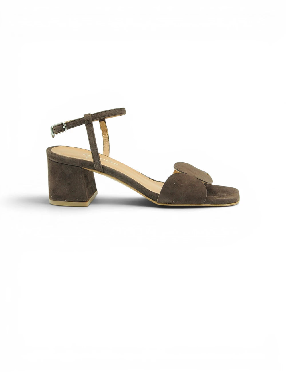 Brown sandal in suede with chunky heel and ankle strap gardenia sandalo testa moro shown from the back