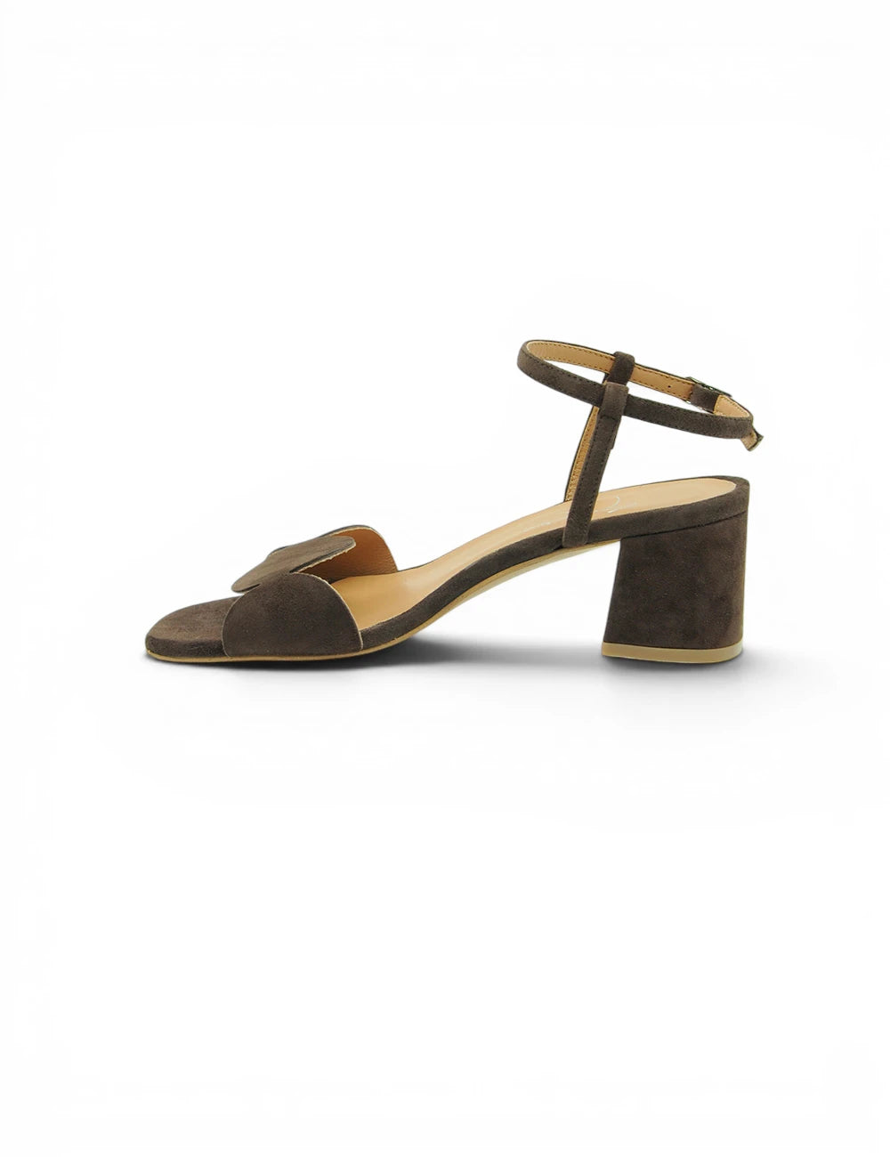 Brown sandal gardenia sandalo testa moro in suede con tacco grosso e cinturino alla caviglia