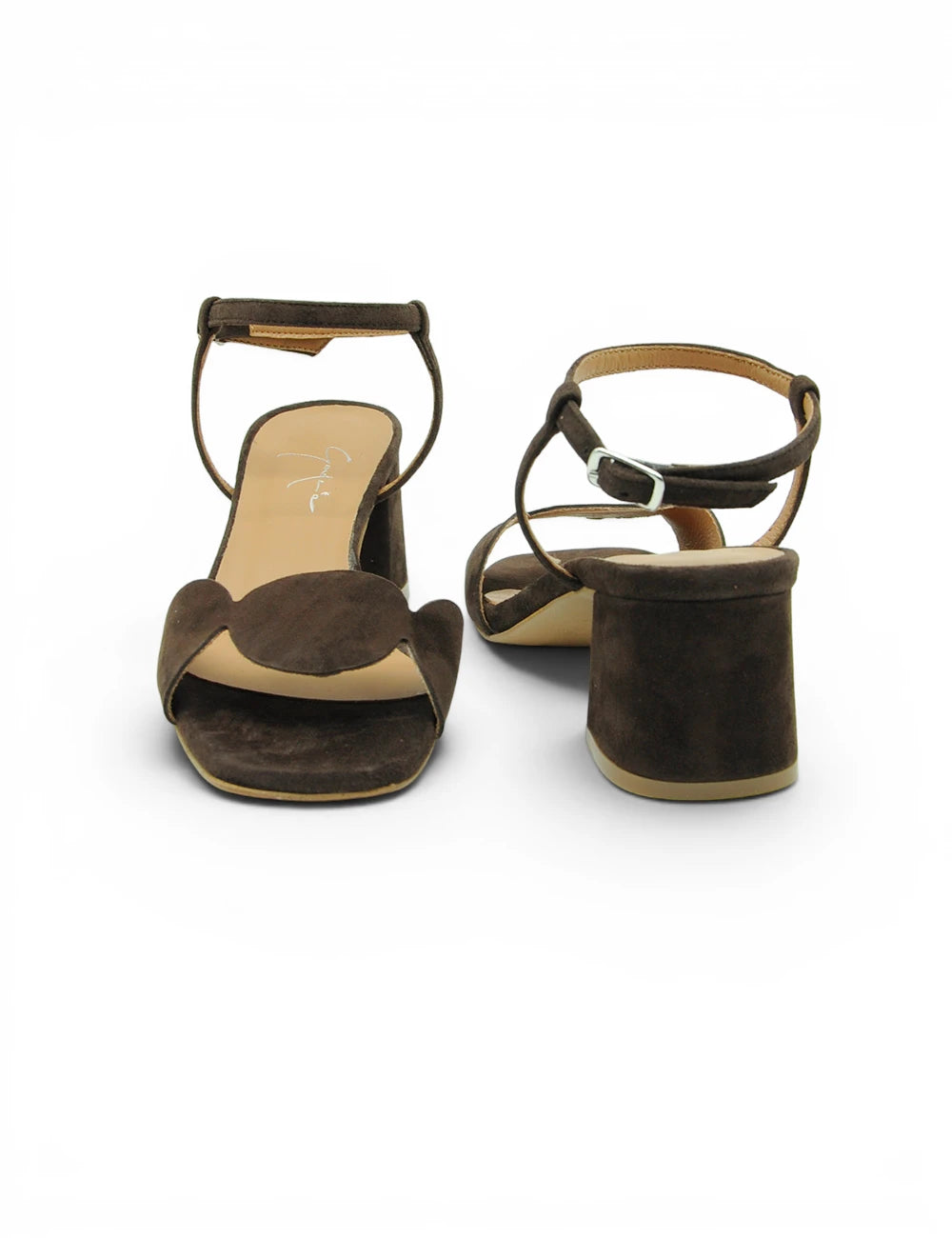 Gardenia sandalo testa moro in suede marrone con cinturino alla caviglia tacco largo e fiocco decorativo sul davanti