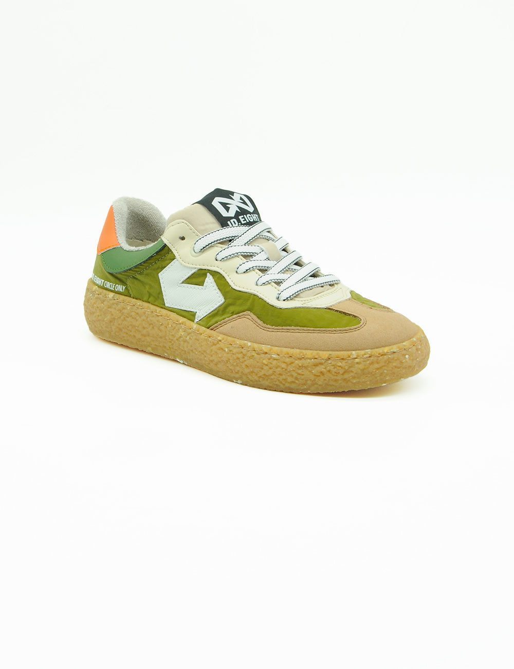 Sneaker ID EIGHT Uriduri verde oliva, suede con linguetta arancione