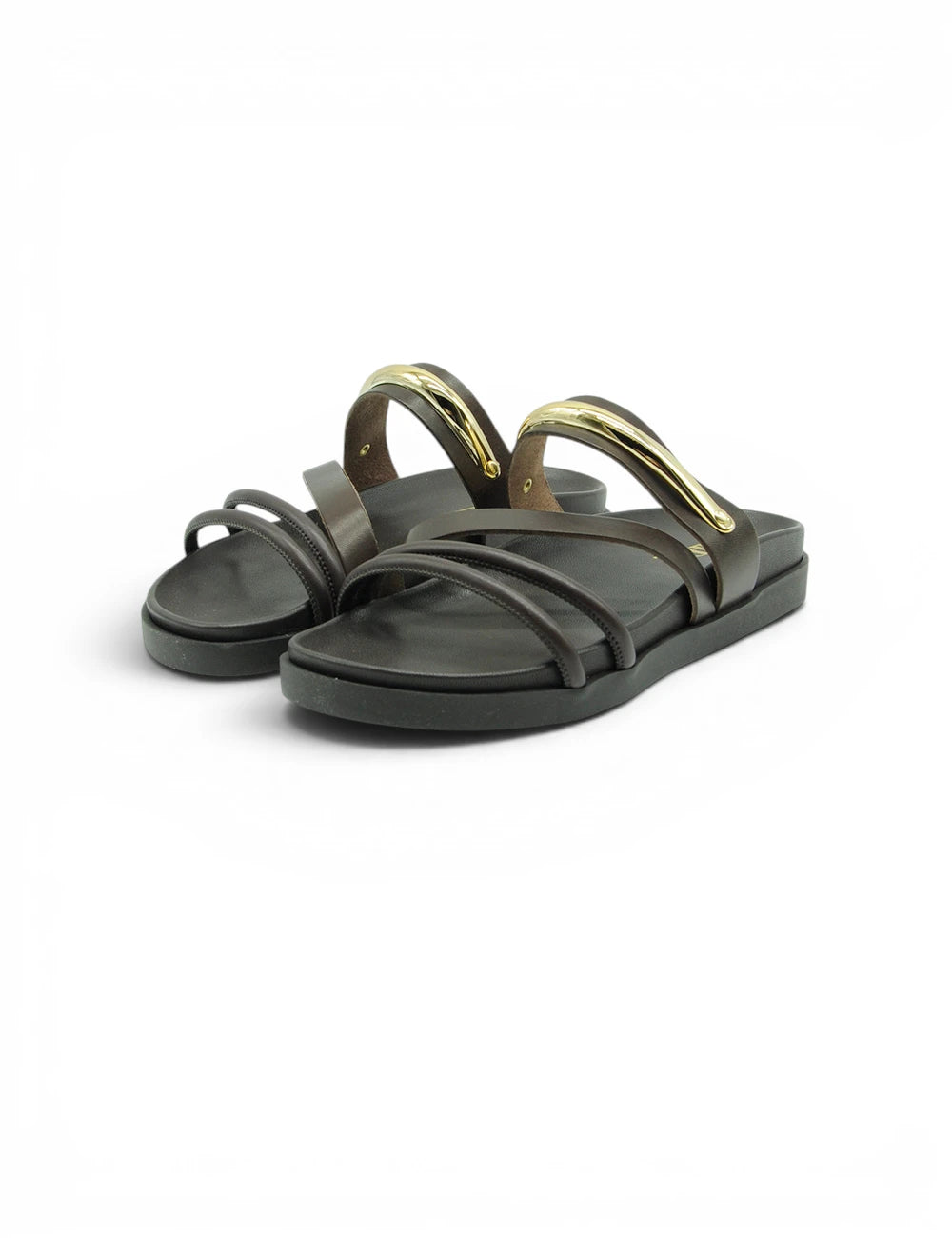 Black jeida sandalo caffè con cinturini metallici oro e suola piatta imbottita per il massimo comfort