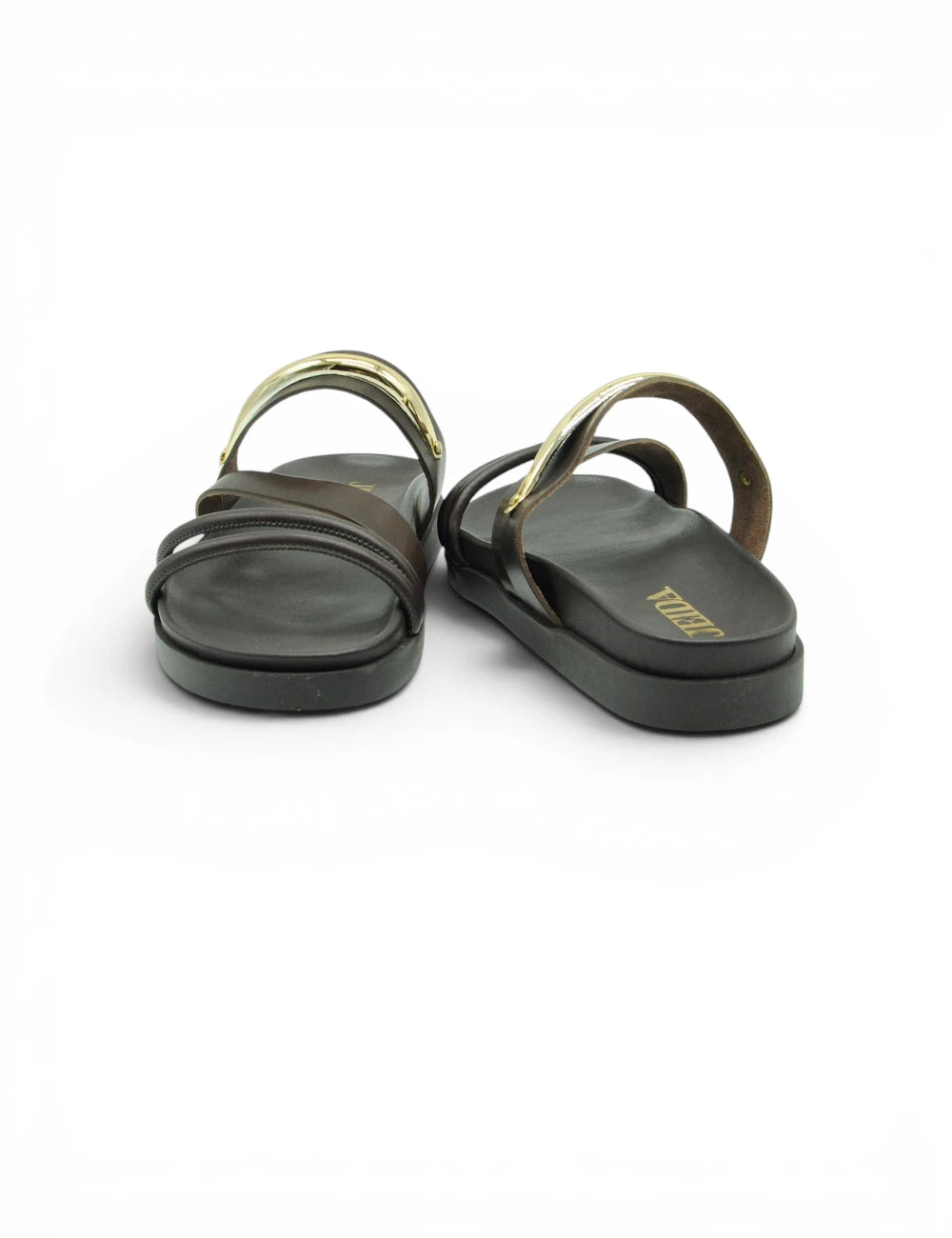 Jeida Sandalo Caffè sandali platform neri con cinturini metallici oro e logo sottile sulla soletta