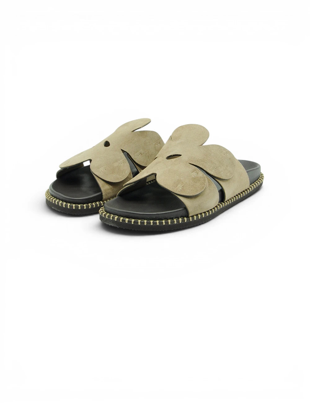 Sandali jeida taupe in camoscio beige a forma di fiore con suola nera in gomma e cuciture dorate ai bordi