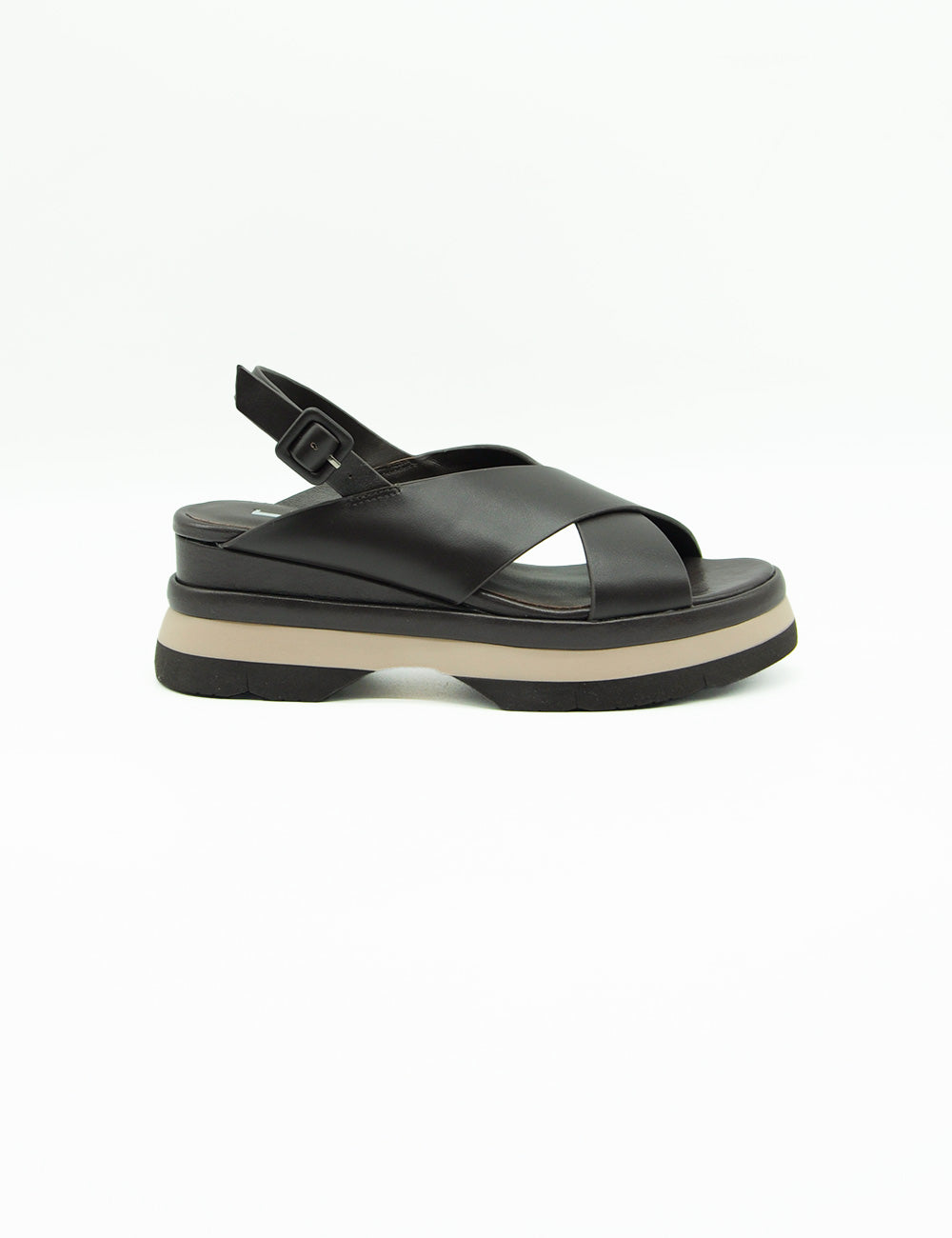 Jeannot Sandalo Testa Moro: infradito platform in pelle nera con croce e accento beige suola