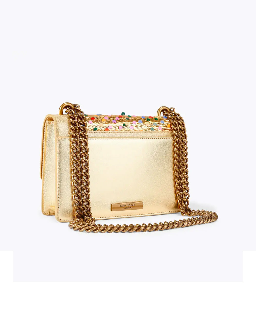 Borsa tracolla piccola Kurt Geiger Tracolla Small Bow Shoreditch oro con catena e paillettes colorate