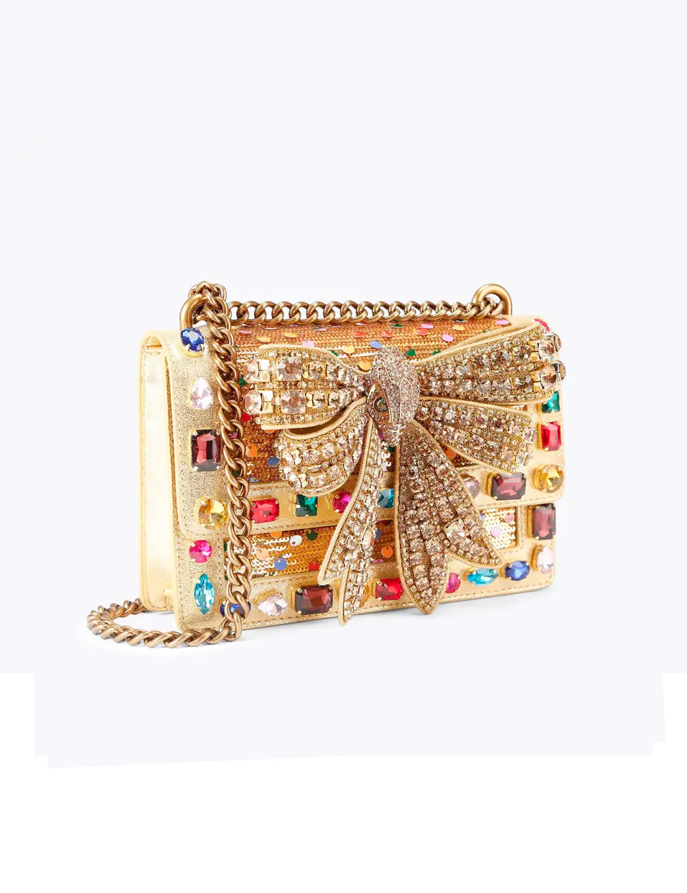 Borsa tracolla small bow Shoreditch Kurt Geiger oro con fiocco scintillante e gemme colorate