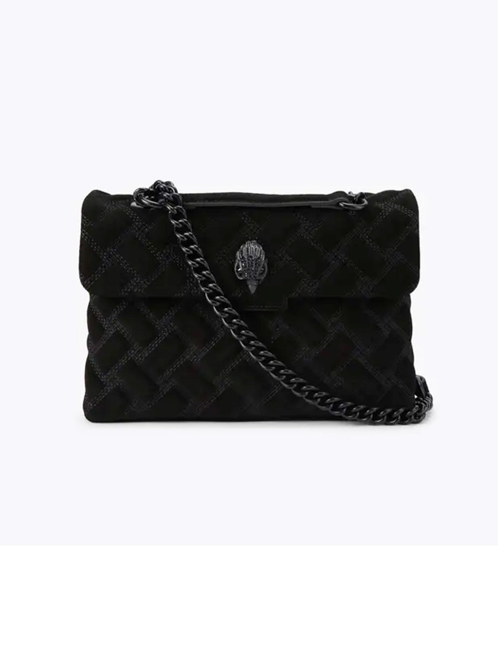 Borsa kurt geiger kensington drench nera in suede trapuntato con tracolla a catena e chiusura testa di leone metallica