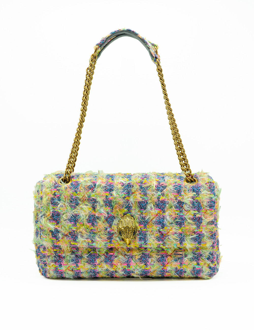 Borsa tracolla XXL Kurt Geiger Kensington in tweed colorato con catena dorata e chiusura leone oro