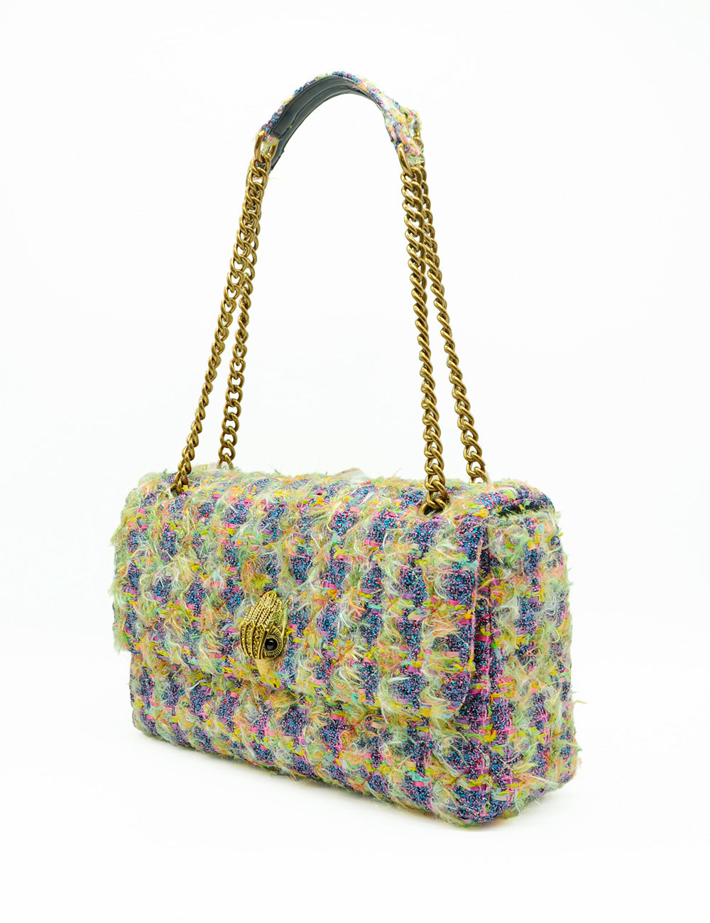 Borsa in tweed colorato Kurt Geiger Tracolla XXL Flap Kensington con catena oro e leone dorato