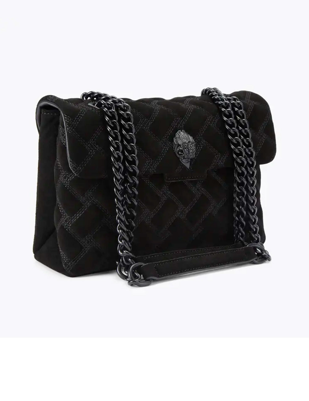 Kurt Geiger borsa kensington drench nera in suede trapuntato con tracolla a catena e chiusura leone metallica
