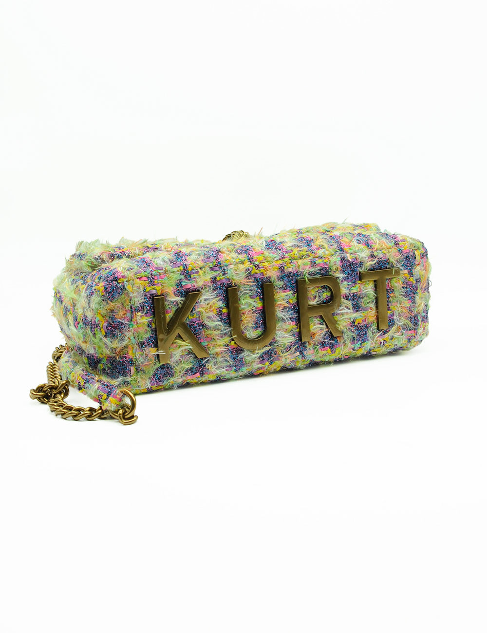 Borsa tracolla XXL Flap Kensington Kurt Geiger in tweed colorato con logo kurt dorato e tracolla catena