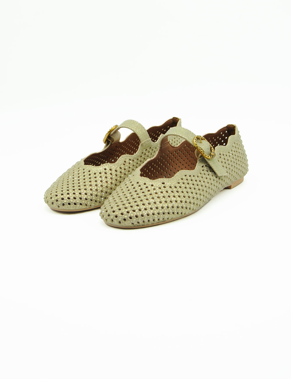 Kurt Geiger Ballerina Flat Gold: beige pelle traforata con fibbia oro
