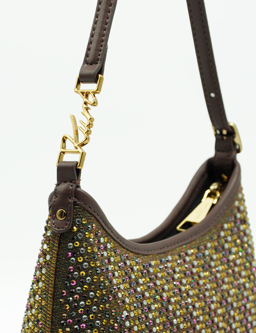 Borsa mini hobo Kurt Geiger in tessuto bronzo con paillettes scintillanti