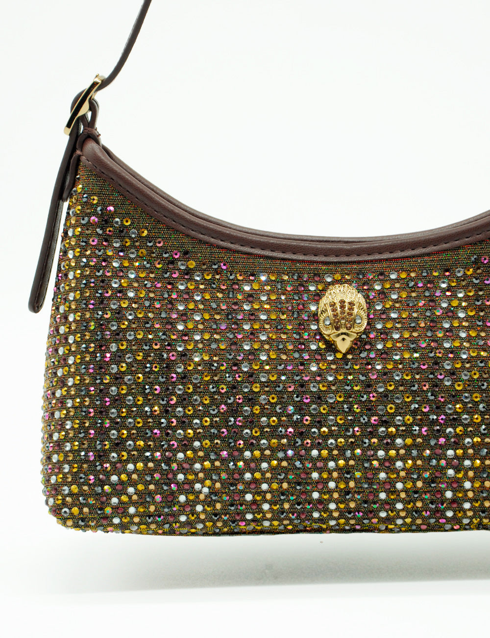 Borsa mini hobo Kurt Geiger Kurt Fabric Bronze in pelle marrone con borchie multicolor e chiusura teschio oro