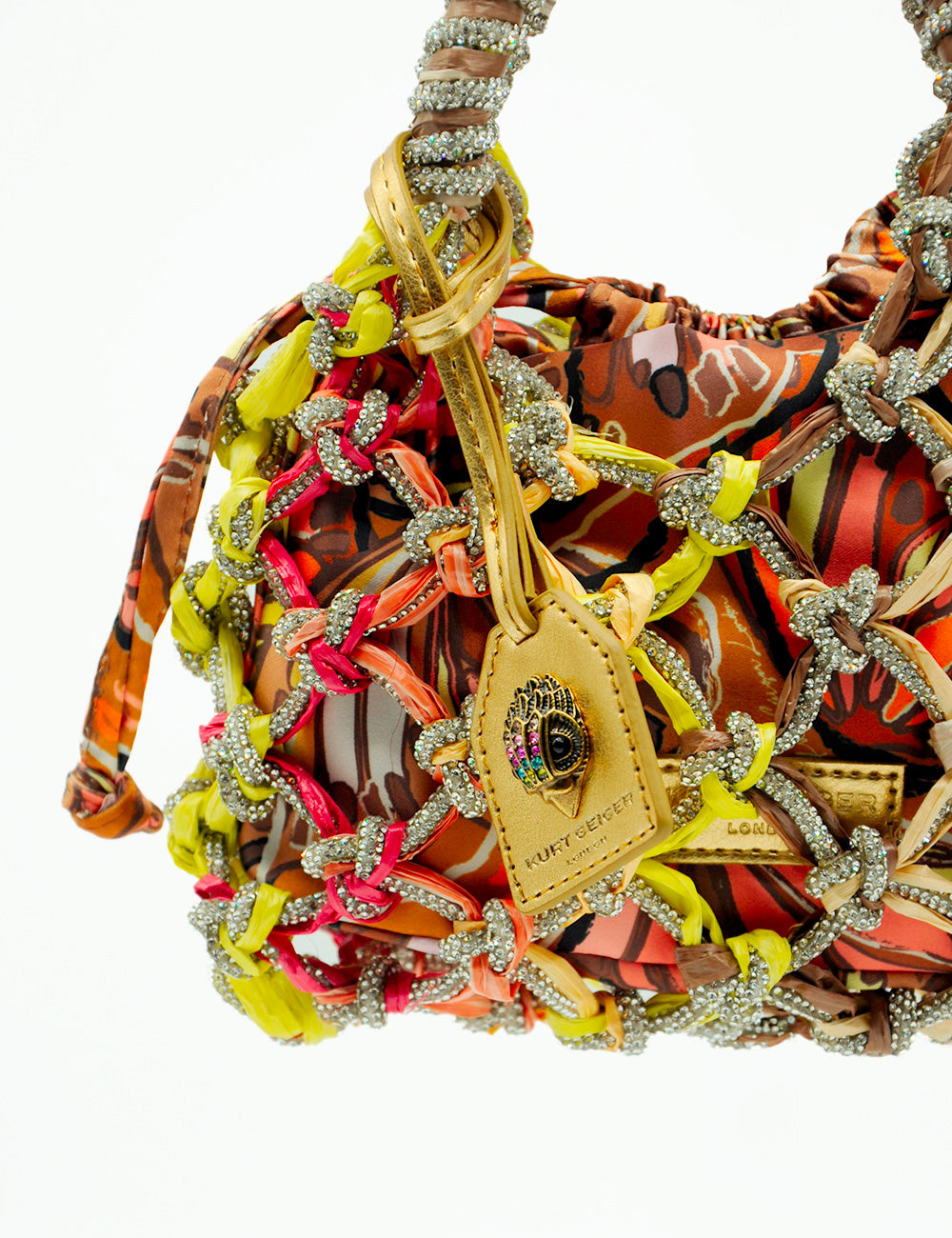 Borsa macramè crystal multicolor Kurt Geiger, trama colorata con strass