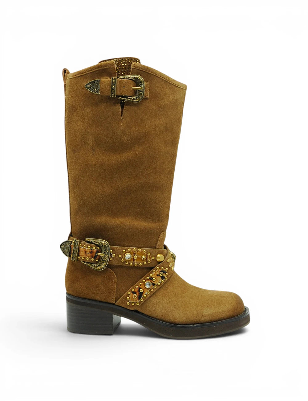 Tan suede cowboy boot with ornate brass buckles and decorative studs kurt geiger stivale western mid biker brown