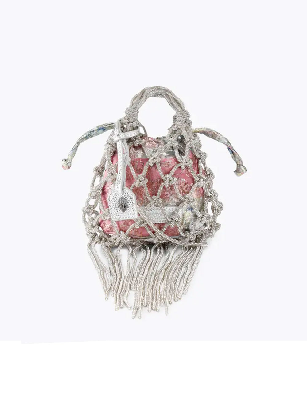 Borsa mini Kurt Geiger Macramè Cristal Silver rosa con rete argento e frange