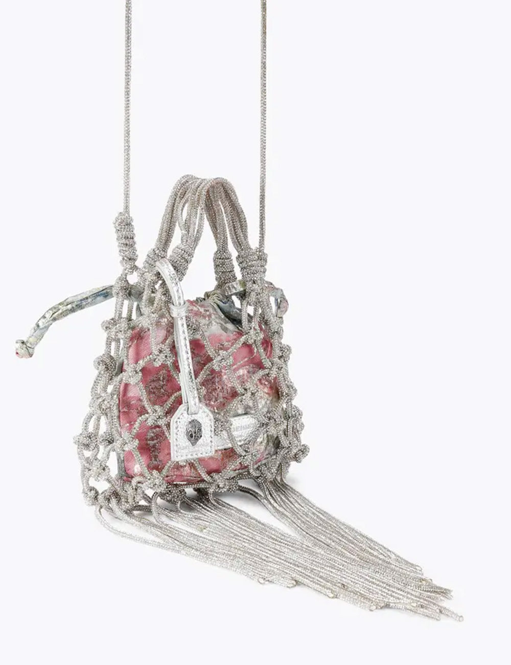 Borsa mini Kurt Geiger Macramè Cristal Silver rosa testurizzata in rete argento con nappe