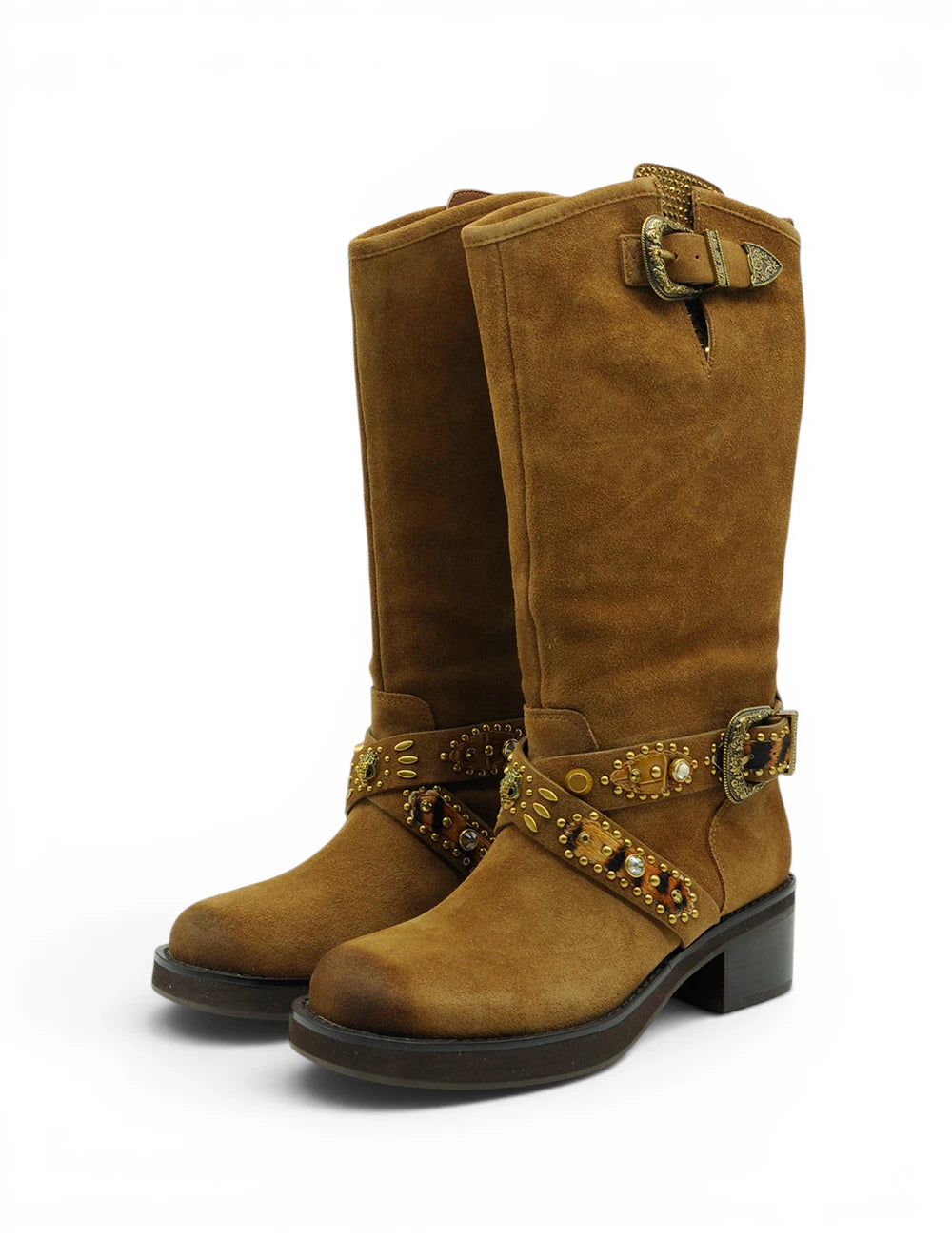 Stivale western mid biker brown di kurt geiger in pelle scamosciata beige con fibbie color oro e borchie decorative