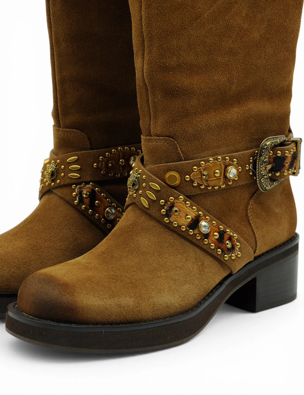 Brown suede kurt geiger stivale western mid biker boots with gold-toned studded straps and leopard-print buckle