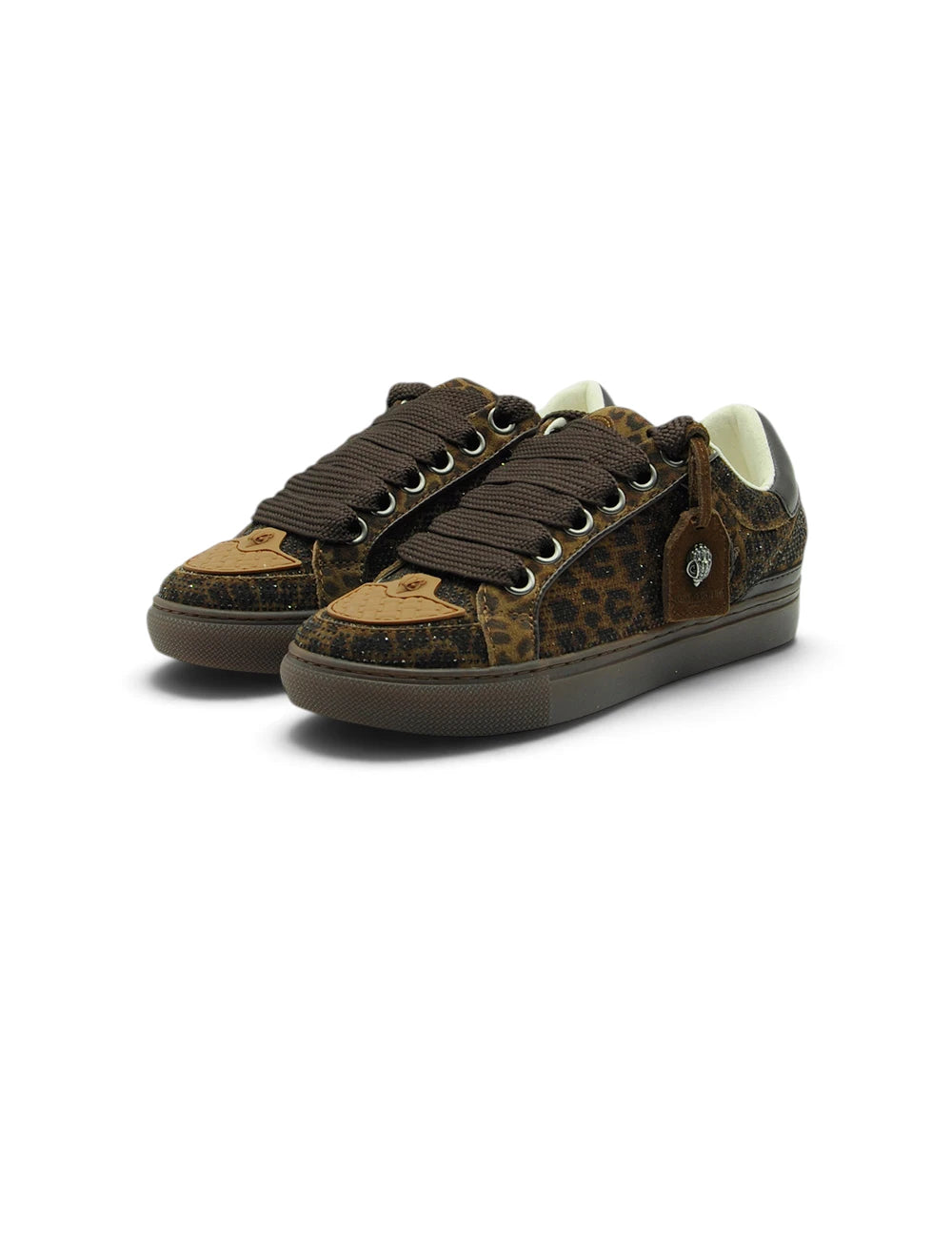 Brown leopard print low top kurt geiger sneaker southbank velvet with suede accents and brown heel tag, retro style