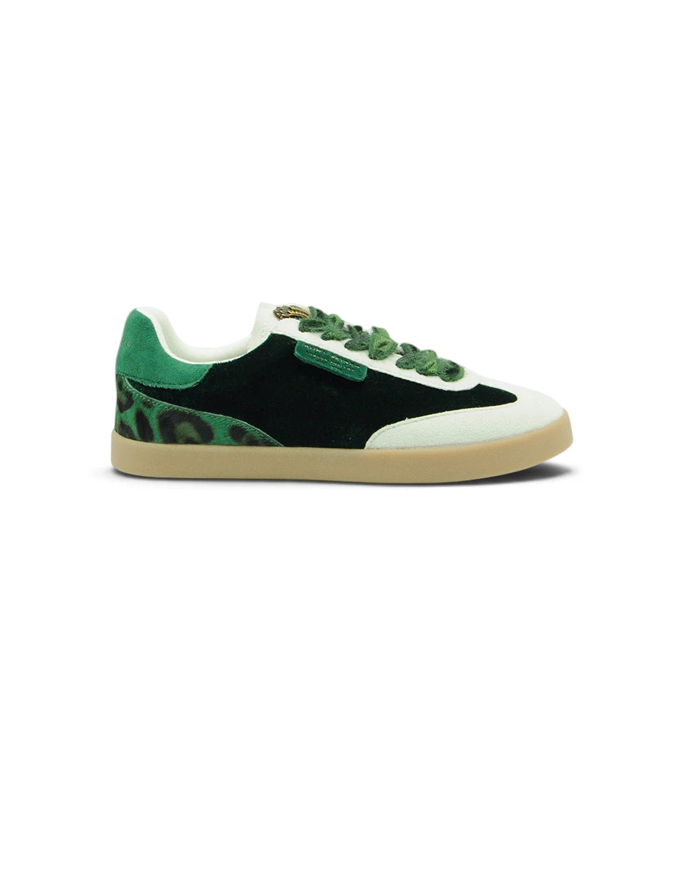 Sneaker kurt geiger barbican velvet verde e nero in suede con dettagli leopardati e suola in gomma bianca